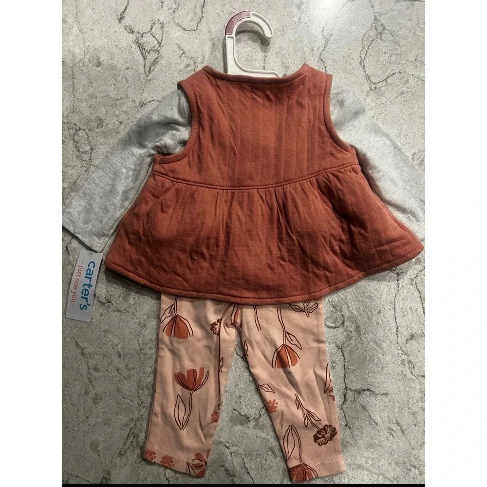 Carters Just One You Baby Girls 3pc Set Rust Quilted Vest Bodysuit‎ Leggings 6M